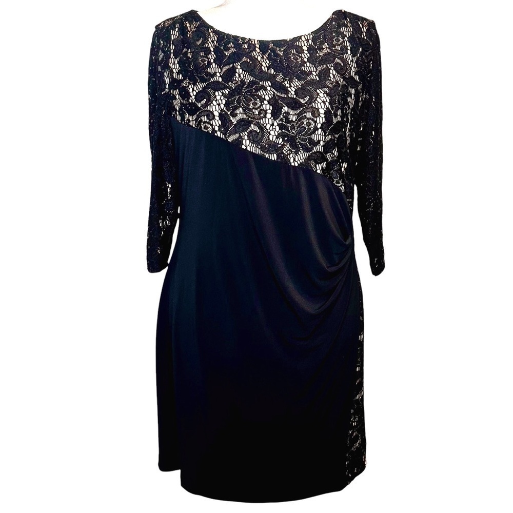 Tahari ASL Black Lace Cocktail Dress with Side Ruching Plus Size 14W - Picture 3 of 12